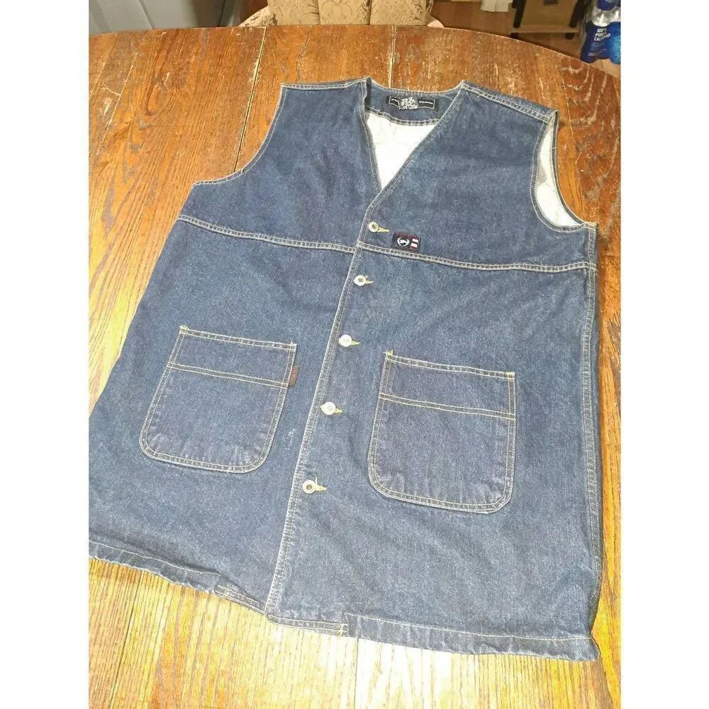 Vintage XXL Phat Farm Mens Cotton Long Denim Blue Jean Sleeveless Vest Pockets